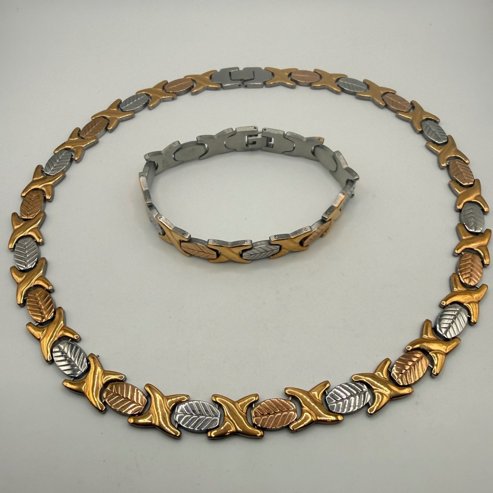 Tri-Tone Stainless Steel X Leaf Link Necklace and Bracelet Jewelry Set 18" 7.75"